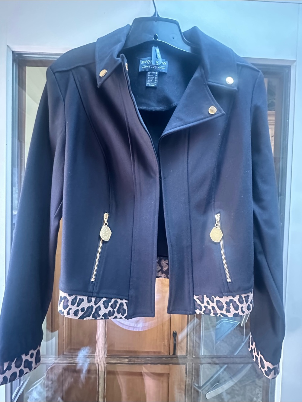 Frank Lyman Design Black Jacket with Leopard Trim and Gold Accents